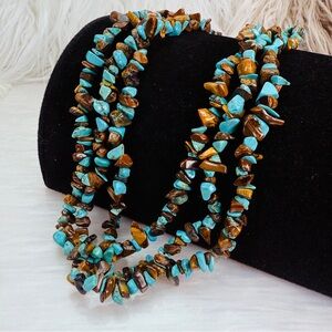 Vintage faux Turquoise and Brown Stone Beaded 3 strand Bohemian Chic Necklace